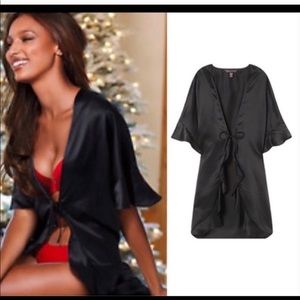 Victoria’s Secret Black Satin Ruffle Tie Robe